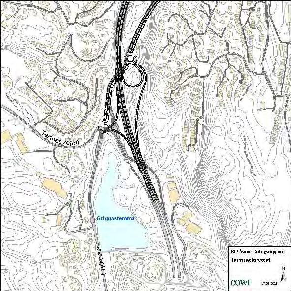 E39 - Åsane - Silingsrapport - forprosjekt til reguleringsplan 32 73 Elementer som er vurdert, men forkastet 731 Tertneskryss Det er i tidligere siling skissert fullt kryss ved Tertnes Krysset kan