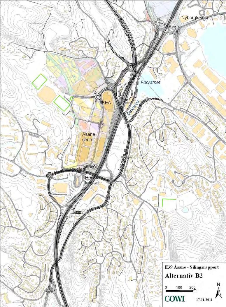 47 E39 - Åsane - Silingsrapport - forprosjekt til reguleringsplan 710 Alternativ B2 - Stamskarkryss med fullt hovedvegkryss ved Forvatnet 7101 Beskrivelse I forhold til alternativ A1 har alternativ