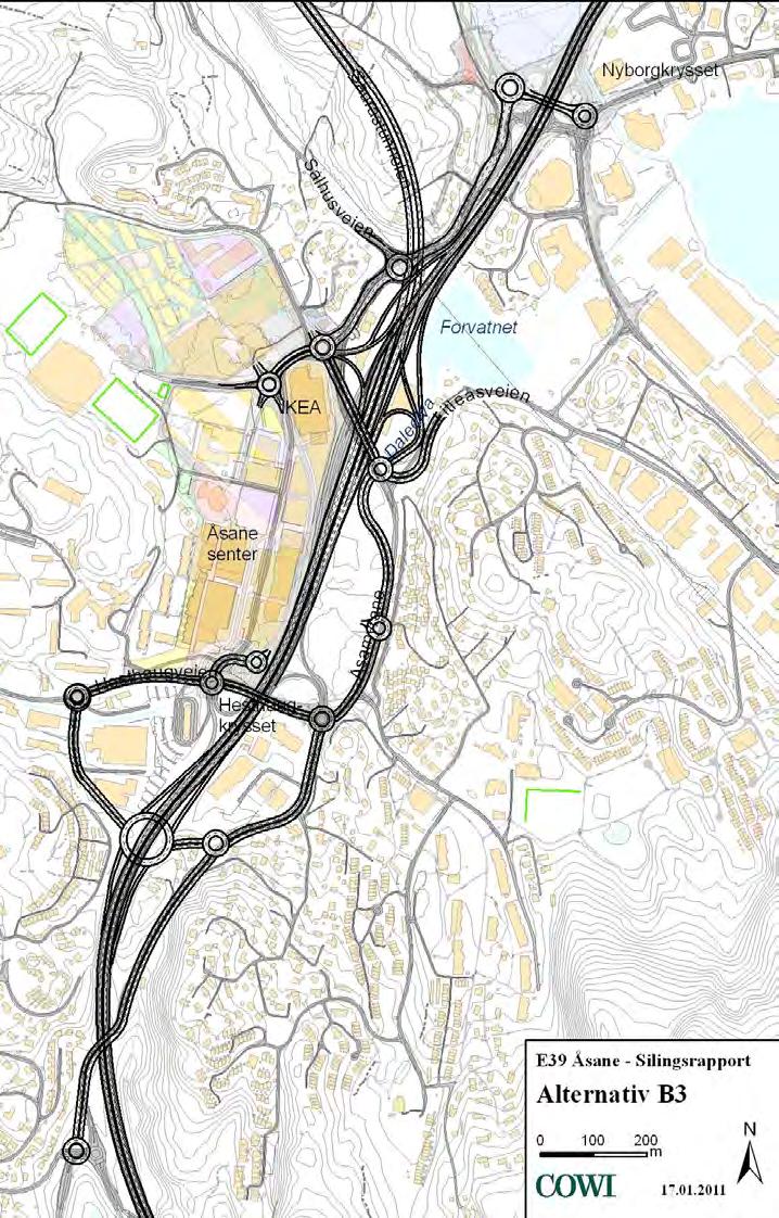 51 E39 - Åsane - Silingsrapport - forprosjekt til reguleringsplan 712 Alternativ B3 - Stamskarkryss med enkel splitt og fullt lokalvegkryss ved Forvatnet 7121 Beskrivelse I forhold til alternativ A1