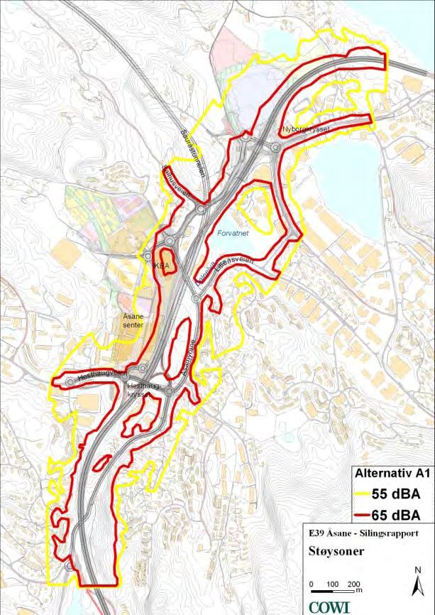 E39 - Åsane - Silingsrapport - forprosjekt til reguleringsplan 56 Figur 50 Støykotekart Alternativ A1 Figur 51