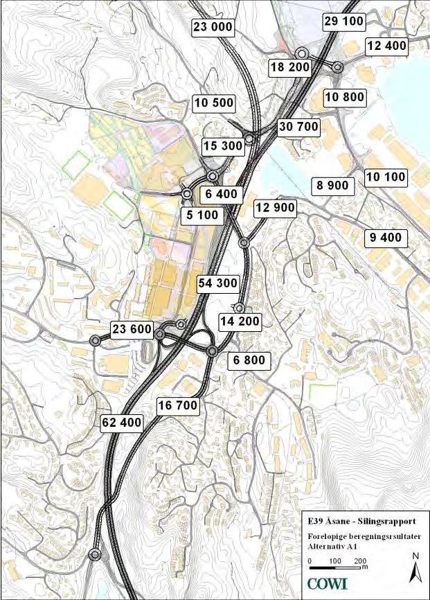 E39 - Åsane - Silingsrapport - forprosjekt til reguleringsplan 60 Figur 54 ÅDT Alternativ A1 Figur 55 ÅDT Alternativ A3 Figur 56 ÅDT Alternativ B1