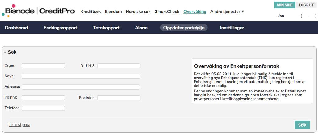 Oppdater prtefølje Søk etter et spesifikt fretak sm du ønsker å legge inn i vervåkingsprteføljen. Du kan søke på rg.nr., D-U-N-S-nr., fretaksnavn, adresse, pstnr. eller telefnnr.