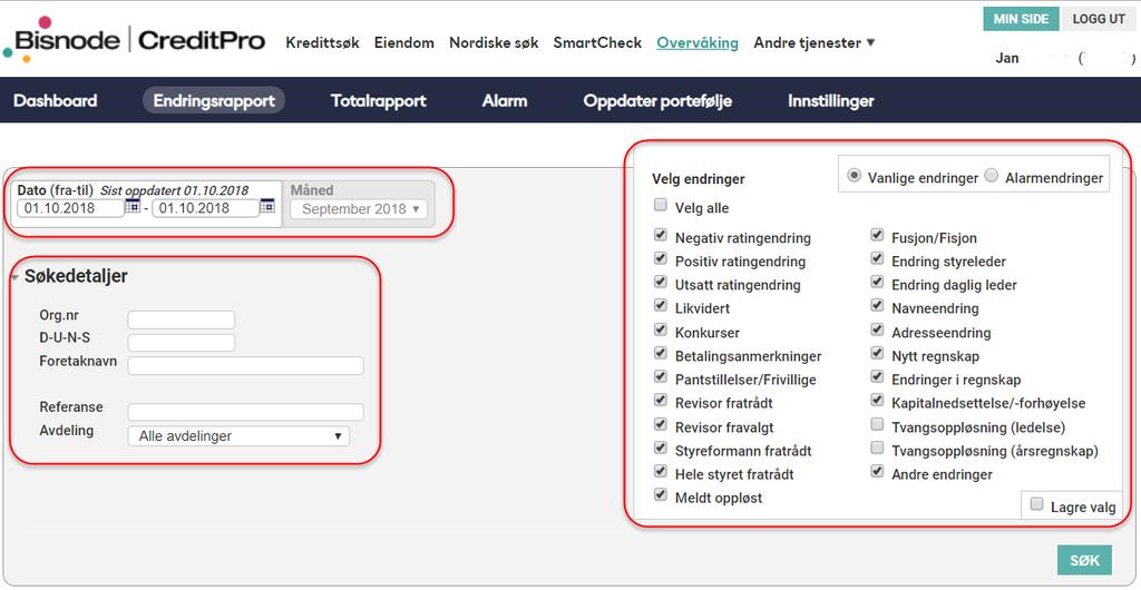 Endringsrapprt 1) Du kan selv velge start- g sluttdat i fra-til-feltet. Det er kun mulig å velge maks. én måned av gangen, dvs. hvis du velger fra dat 10.01.2018,