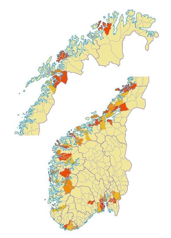 Kartet viser de områder hvor Stortinget har vedtatt kommunesammenslåinger (fargene gul, oransje og rød angir kun geografisk de nye sammenslåtte kommunene, og