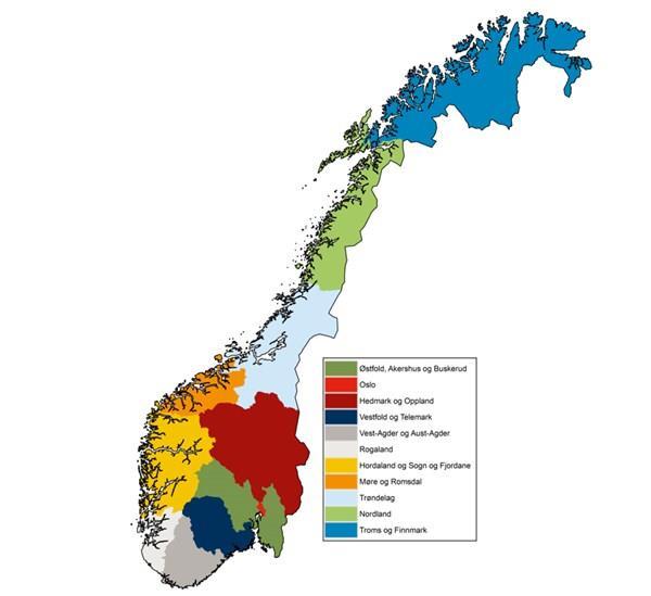 Ny regioninndeling/fylkesinndeling: Østfold Akershus Buskerud Oslo Hedmark - Oppland Vestfold Telemark Aust-Agder Vest-Agder Rogaland Hordaland Sogn og Fjordane Møre og Romsdal Sør-Trøndelag
