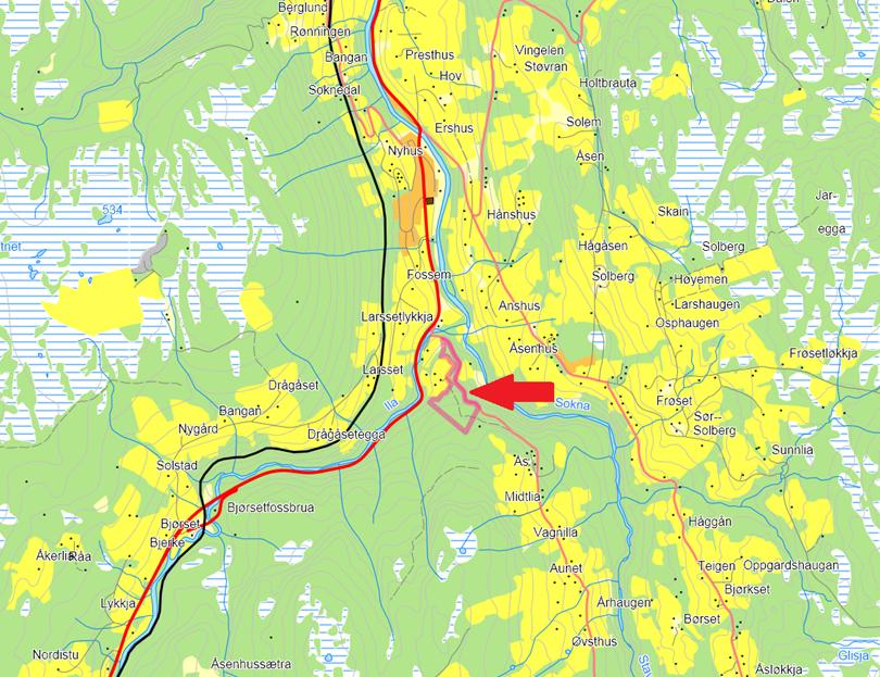 Figur 1 Oversiktskart over deler av Midtre Gauldal kommune. Området det søkes dispensasjon er vist med rød pil.