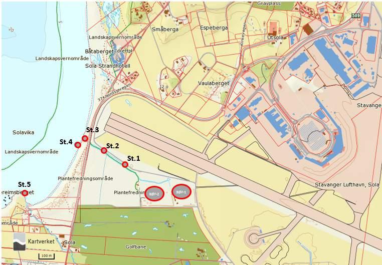 Figur 6-5. Detaljkart over stasjonene hvor det ble gjort/forsøkt gjort innsamling av biota ved Stavanger lufthavn.