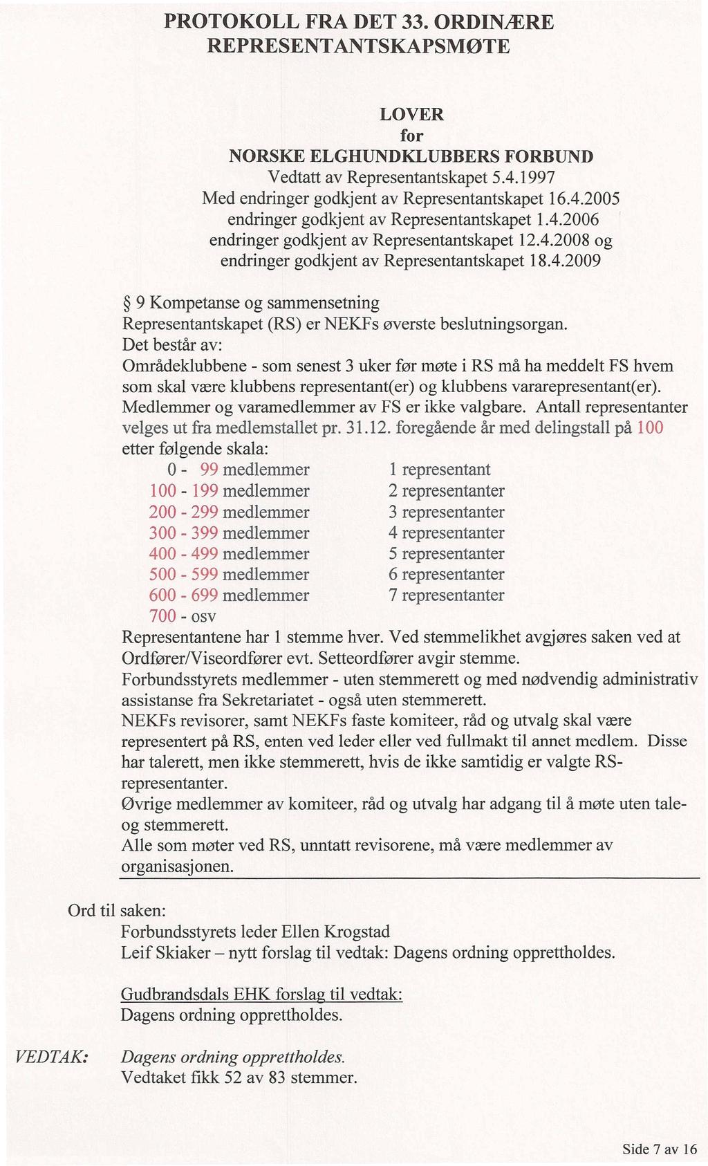 PROTOKOLL FRA DET 33. ORDINiERE LOVER for NORSKE ELGHUNDKLUBBERS FORBUND Vedtatt av Representantskapet 5.4.1997 Med endringer godkjent av Representantskapet 16.4.2005 endringer godkjent av Representantskapet 1.