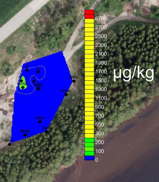 Figur 7-11. Viser interpolert PFOS-konsentrasjon i jord på og rundt BØF-2 for dybde under 2,0 meter under terreng.