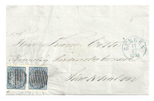 Noen eksempler på brev til forskjellige land: Norske frimerker ble ikke akseptert som porto i Sverige før de utga egne frimerker 1. juli 1855. Først fra 29.