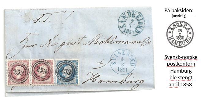 Tidligste registrerte utenlandsbrev med både 4 og 8 sk. Oscar fra Sandefjord 2. Mars 1857 til seilduksprodusent Aug. Møhlmann & Co. Hamburg.