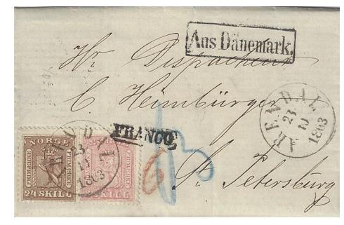 Brev fra Bergen 23. sept 1857 til Neapel, det ene av to registrerte brev til Neapel med 11 sk porto til dansk grense, dvs.