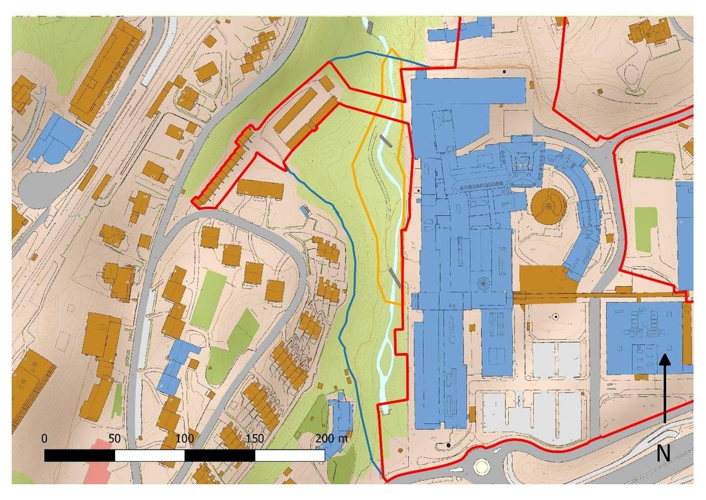 Figur 1: Kartet viser planområdet (rød polygon), utvidet undersøkelsesområde i Mærradalen (blå utvidelse av rød polygon) og hotspot-område for rødlistede moser (oransje polygon).