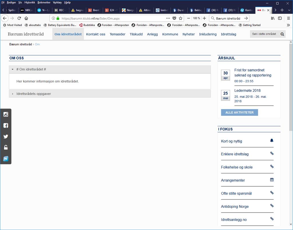 Eksempel 2: Hjemmesidene til Bærum idrettsråd: Se: https://barumir.klubb.nif.no/sider/om.