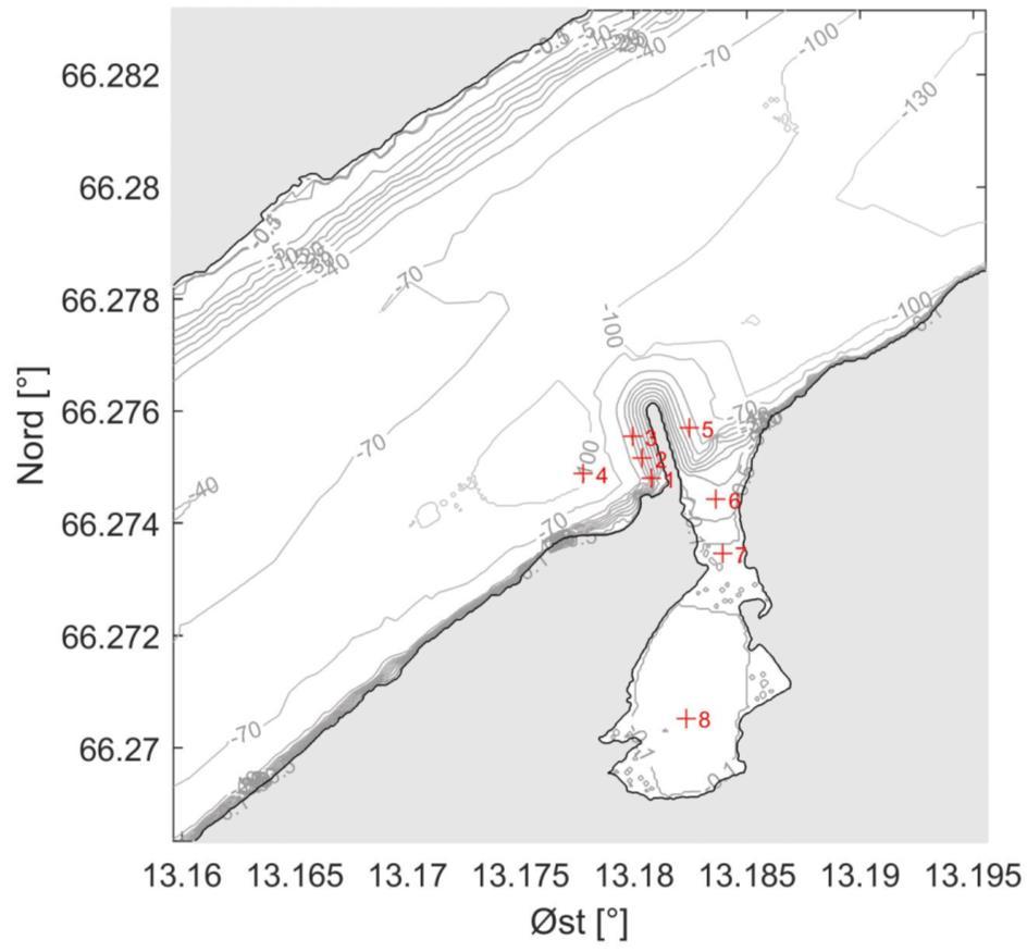 Figur 7 Tre bølgeberegningssteg. Steg 1: Fjordområdene i Nesna, Steg 2: Områdene rundt Handnesøya Ø (blå ramme) og Steg 3: nærområdet rundt Langsetvågen (grønn ramme).