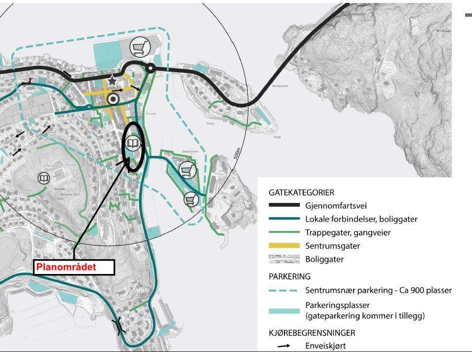 EILERT SUNDT VGS FARSUND 19 (53) 5.5 Trafikkforhold Det tas utgangspunkt i fortettingsanalyse for Farsund by utført av Rambøll i 2017. 5.5.1 Overordnet veistruktur Strandgaten og Havnegaten går forbi planområdet i sørlig retning.