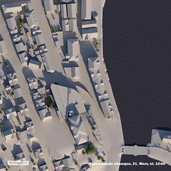 Figur 37 Snitt Jansens Plan - Storgata. Rød strek = dagens Glassmagasin, blå linjer = nytt bygg Figur 38 Sol/skyggeanalyse. Til venstre eksisterende situasjon - til høyre ny situasjon 21 mars kl.