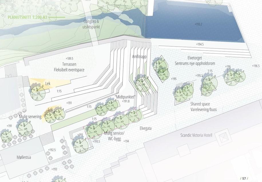 Plantegning av anbefalt løsning Et øvre torg Integrerer området med Lilletorget, Gågata og Elvegata, og skaper en forbindelse mot vannspeilet.