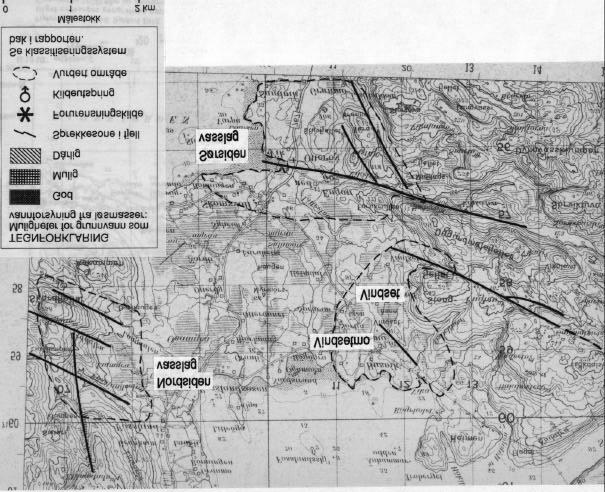 Fig.1. Utsnitt av kartblad (M711) 1724-III Jøa, som viser områder som er vurdert med hensyn på grunnvannsuttak på Otterøya.