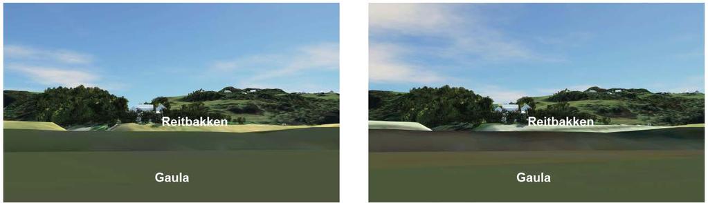 Figur 11: Standpunkt fra Gaula, nord for Reitdalen, som viser utsnitt av 3D-modell med henholdsvis dagens og framtidig situasjon til venstre og høyre (vegetasjon er tatt bort i selve dalbunnen, for å