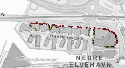 L den 55 db eller lavere. Ifølge denne definisjonen av stille side har alle bygningene med fasadepunkter (fargelagte punkter) i figur 18 en stille side.