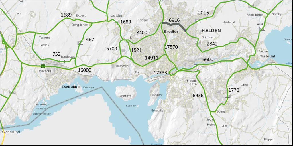 døgn) på noen utvalgte hovedveier i Halden Kilde: