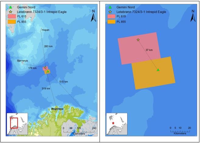 Figur 1-1 Lokasjon til letebrønn 7324/3-1 Intrepid Eagle. Korteste avstand til land er 178 km til Bjørnøya og 319 km til fastlandet (Magerøya i Nordkapp kommune). Avstanden til Gemini Nord er 37 km.