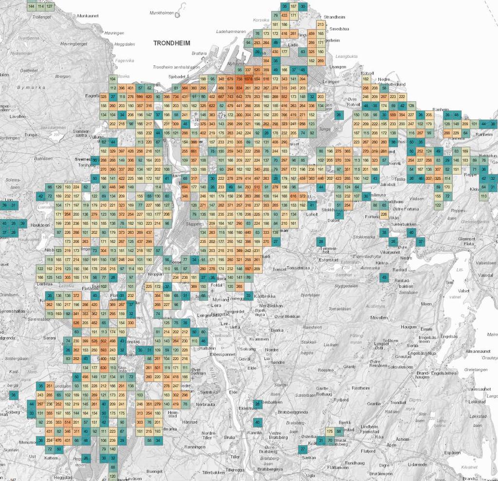 Befolkningstetthet i Trondheim Statlige planretningslinjer for samordnet bolig-, arealog transportplanlegging legger vekt på høy arealutnyttelse, fortetting og transformasjon i by- og