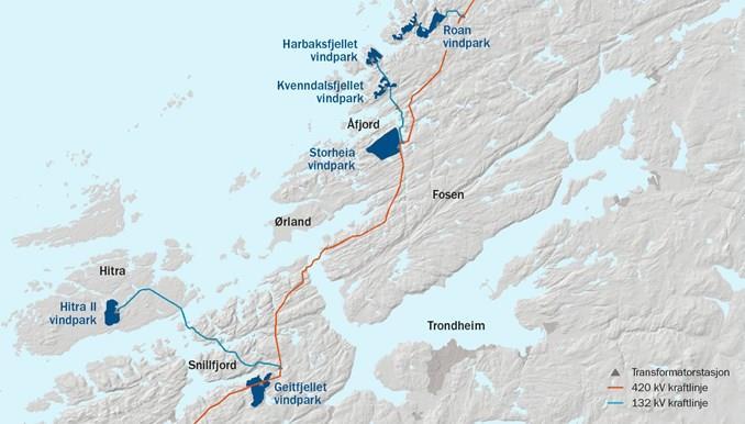 Vindkraftutbygging vil gi kraftoverskudd i Trøndelag fra 2020 Vindkraftutbygging på Fosen, Hitra og i Snillfjord De pågående vindkraftutbyggingene gjør at Trøndelag i 2020 vil gå fra å ha et