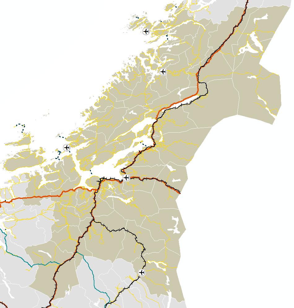 Infrastruktur veier, jernbane, flyplasser og ferjeruter Fysisk infrastruktur i Trøndelag Europa-/riksveier (km) 742 Fylkesveier (km) 5 965 Kommunal vei (km) 3 932 Private veier (km) 10 984 Fylkesvei