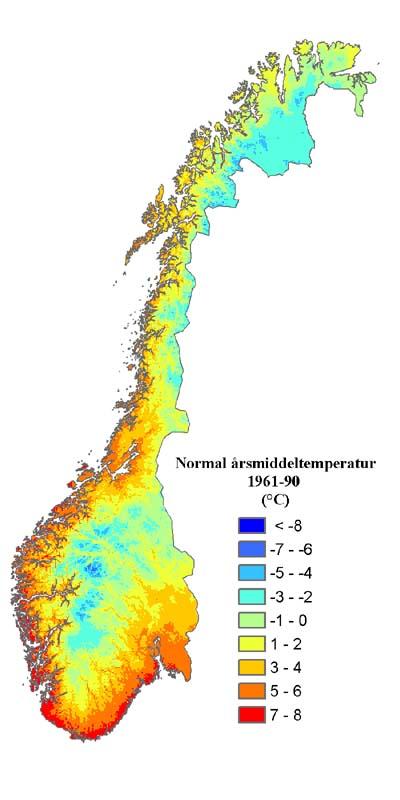 Klima kan beskrives ved 30-årsmiddel. Normal = 1961-90 Målt nedbør i Norge pr.