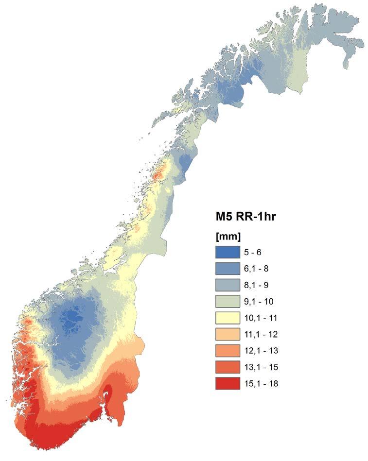 Korttidsnedbøren har økt Dagens timesverdier med 5-års returperiode