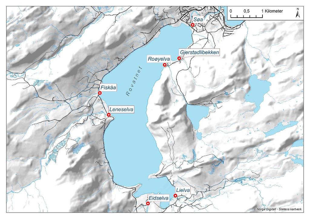 3.5 Kartlegging av potensialet for å øke tilgjengelig gyteareal for sjøørret og laks i sidevassdrag til Rovatnet Det ble, i tillegg til Eidselva, befart 6 bekker og elver rundt Rovatnet (figur 22).