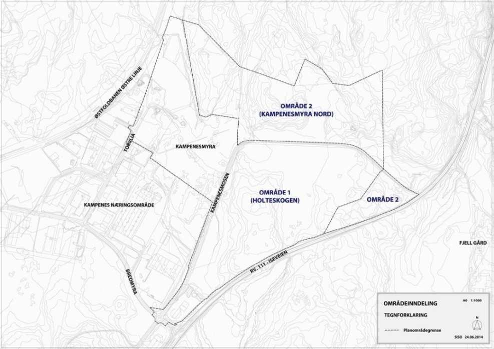 HOLTESKOGEN NÆRINGSOMRÅDE - KONSEKVENSUTREDNING 3/8 Figur 1 - Oversiktskart over inndeling av utredningsområdet.