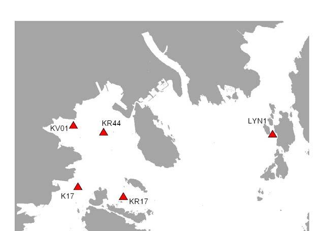 K18 Figur 1. Lokalisering av stasjoner for prøvetaking av bunnfauna (KV01, KR44, K17, KR17, KR42, LYN1) og sedimentkjemi (K17, K18) i Kristiansandsfjorden 7-9. november 2006.