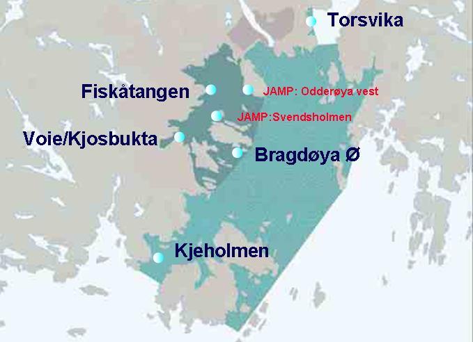 Figur 4. Stasjoner for innsamling av blåskjell 2006. Merk at kartgrunnlaget som er benyttet er fra siste vurdering av kostholdsråd (se Økland 2005).