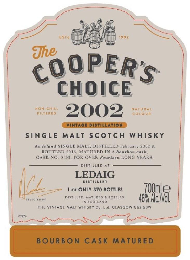 Fire nyheter fra Vintage Malt sin augusttapping Coopers Choice Ledaig 2002 14 yo #0158 Destillert feb 2002, lagret i 14 år på en ex-bourbon hogshead nr 0158. Tappet aug 2016 Nese: Røyk og sjøvann.