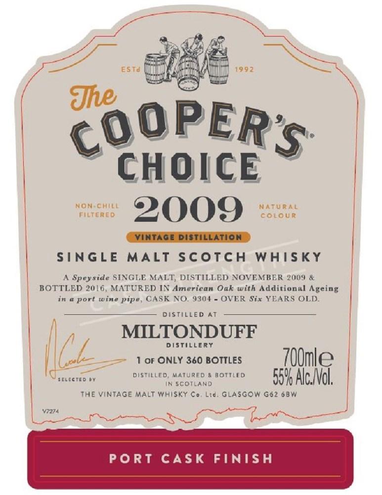 6820901, 70 cl, 46 % Coopers Choice Miltonduff 2009 6yo Port Finish #9304 Cask Strength Destillert nov 2009, lagret først på am. eik, så avsluttet i en ex-port pipe nr 9304.