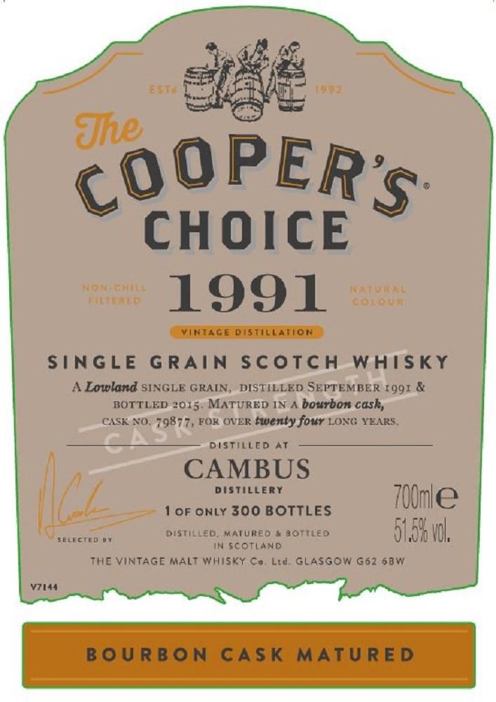 Coopers Choice Cambus 1991 24 yo #79877 Cask Strength Destillert sept 91, single grain, lagret i 24 år i en ex-bourbon hogshead nr 7987. Tappet på fatstyrke i 2015.
