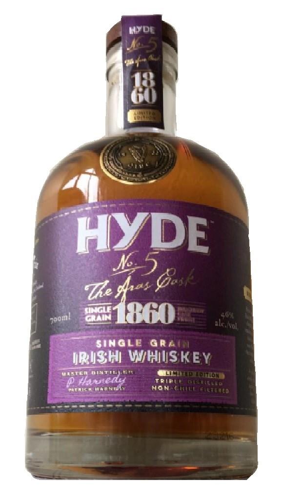 Hyde No. 5 6 YO The Aras Cask Single Grain Irish Whiskey Burgundy Finish Destillert i en kobber trippel kolonne-still. Modnet i "flamecharred" ex-bourbon i 6 år på sydvestkysten av Irland.