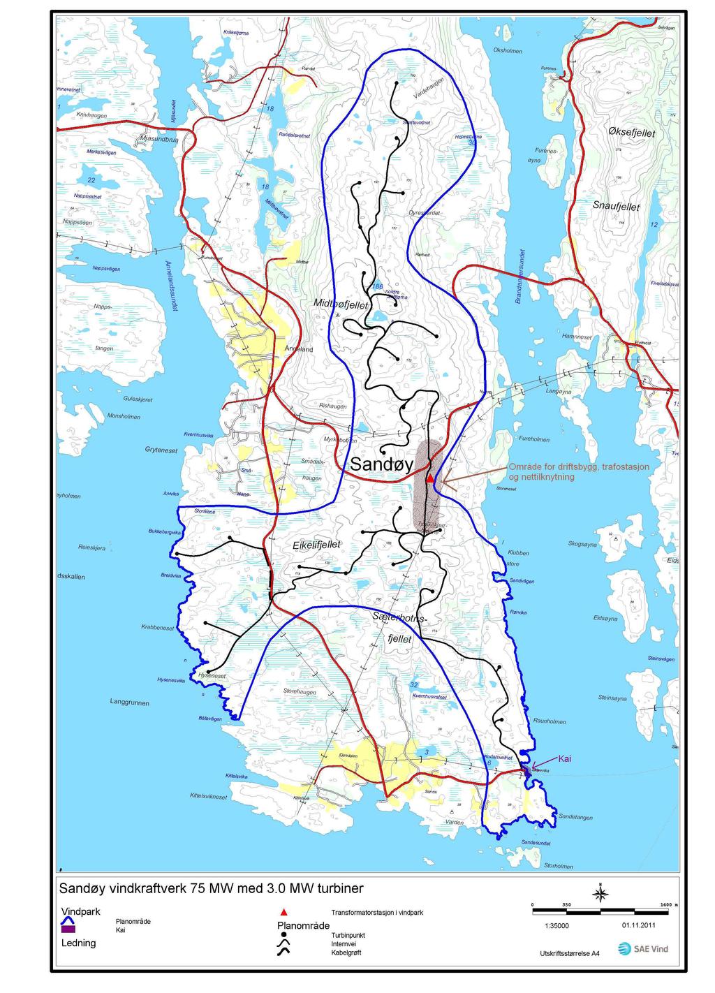 Sandøy vindpark med eksempelløsning for turbinplassering, nettilknytning, internveier og annen infrastruktur stand fra nærmeste radaranlegg på Sotra er ca. 65 km.