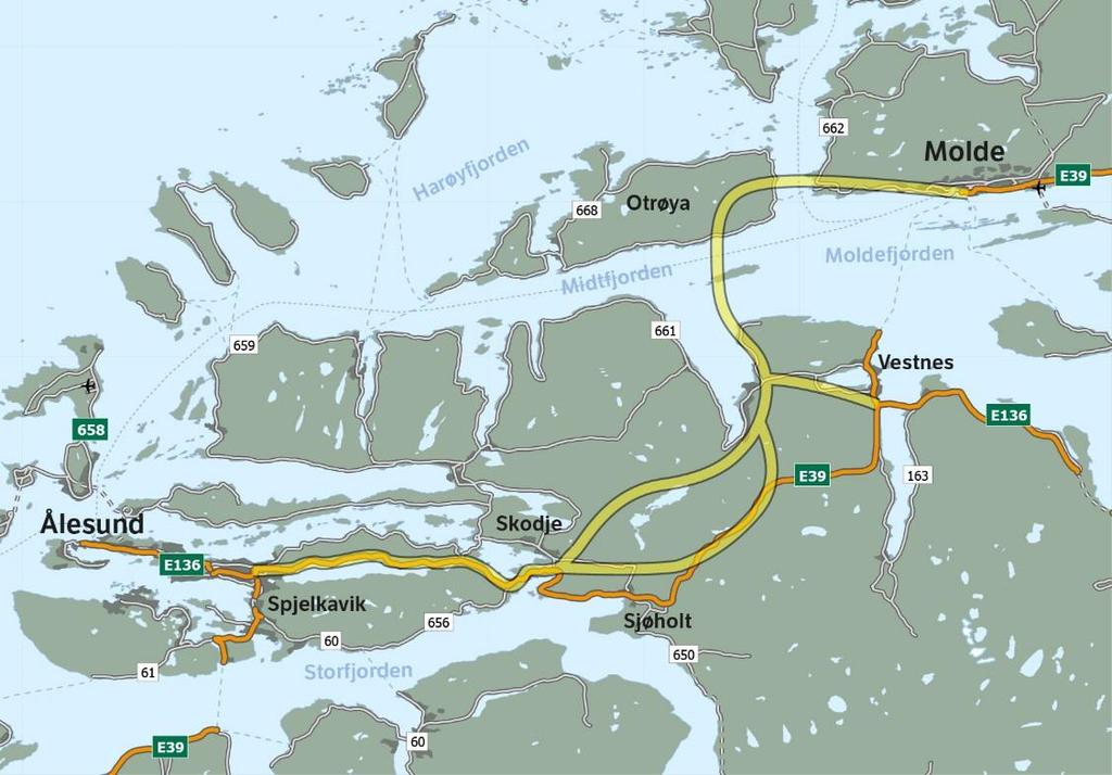 Ålesund-Molde E39 Ålesund-Molde Felles bo- og arbeidsmarked for de største byene i fylket Halverer reisetiden fra 2 timer til 1 time Like mye innsparing for Digernes-Vik som for Vik-Julbøen