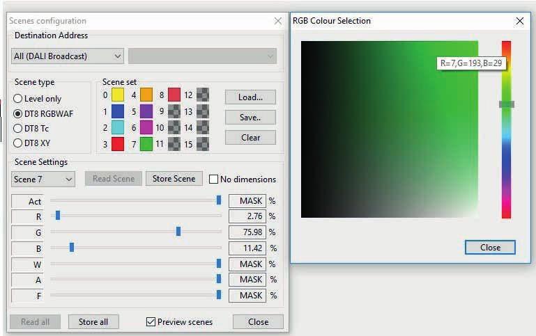 Dobbeltrykk på scenen for å få ut RGB fargevelger. Velg enten kun lysnivå, DT8 RGBWAF farger, DT8 Tc (direkte på kelvin f.eks 2700K), eller DT8 XY. Velg hvilken scene som skal lages.