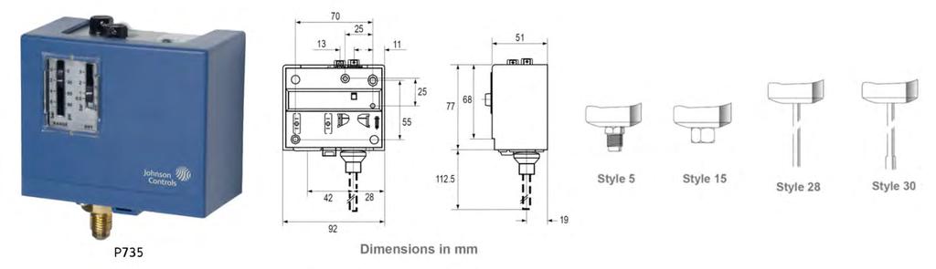 P735 - ENKLE PRESSOSTATER - IP30 P735, Pressostater for vann, IP30 Best. nr Område Diff. Maks. tr Elektr. data IP Tilkobl. Beskrivelse Kontaktfunskjon Gr Listepris P735AAA-9200-0,2...10 1,0.