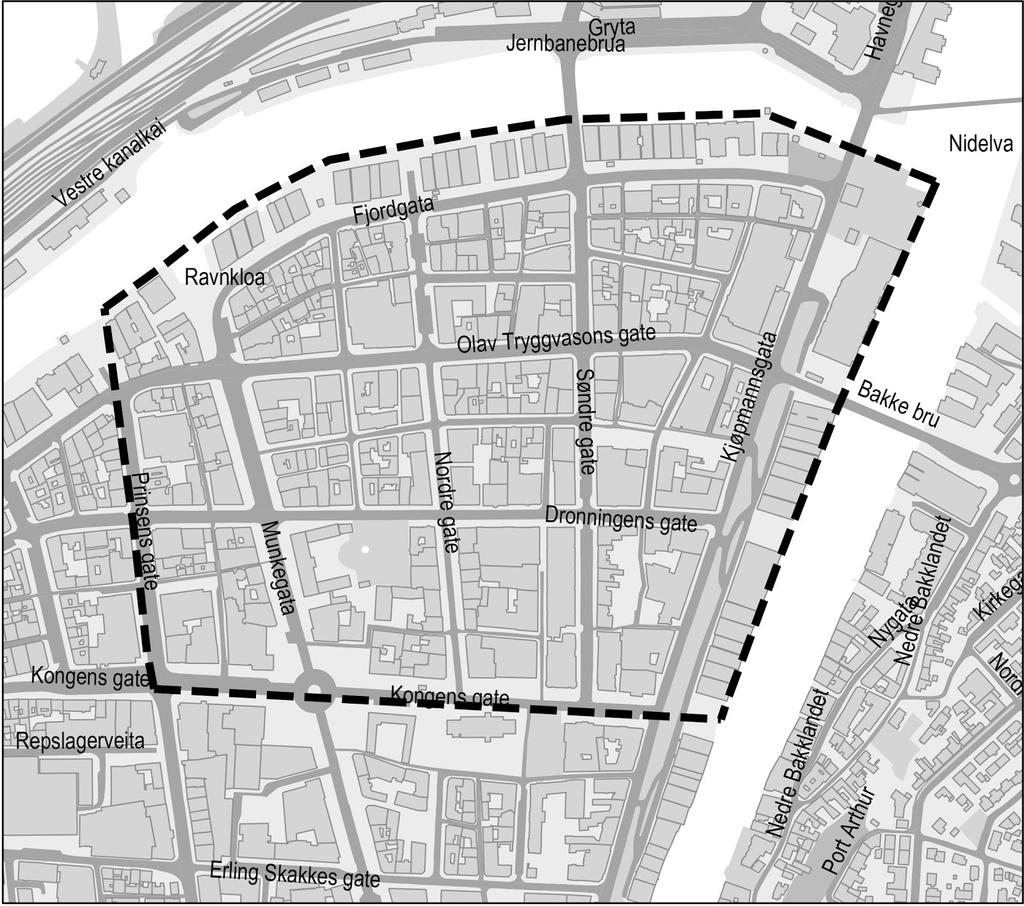 Planområdet for områdereguleringsplan nordøstre kvadrant i Midtbyen avgrenses av Prinsens gate i vest, kanalen i nord, Nidelva i øst og Kongens gate i sør.