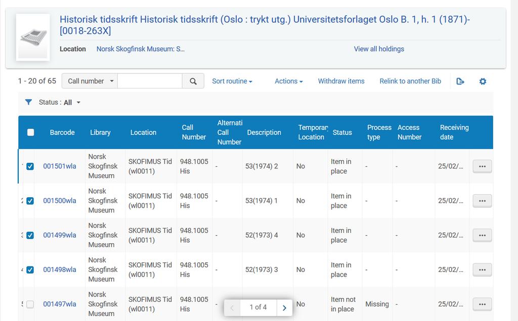 Etter at første item er flyttet til ny holding, kan du finne fram items-lista på