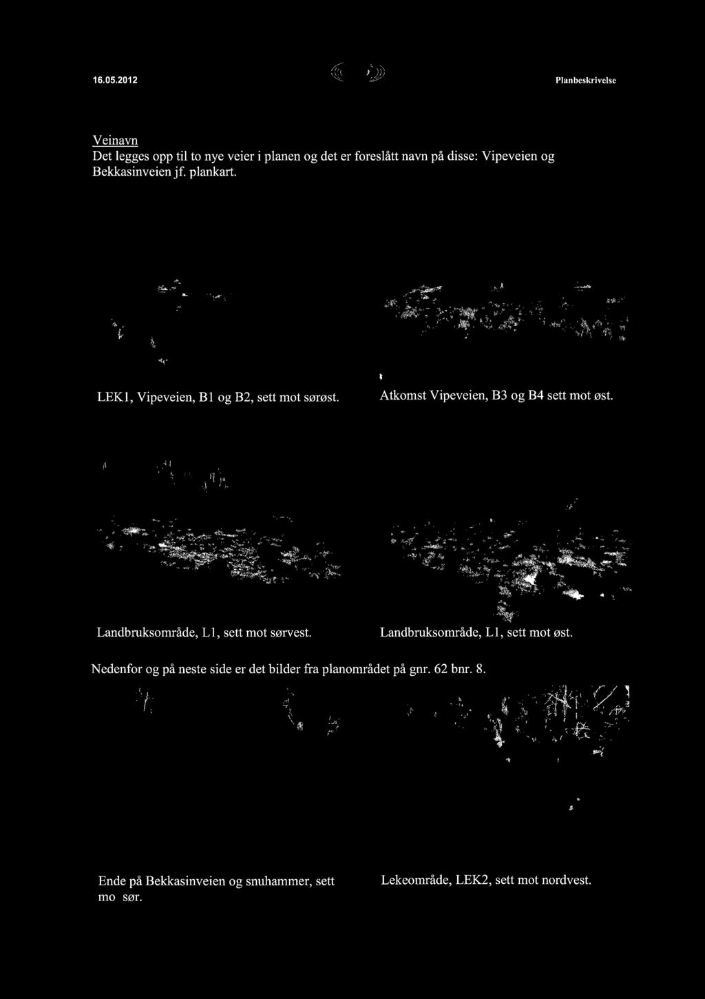 disse: Vipeveien og Bekkasinveien jf. plankart. ~ ;' \1, â ~ t ~ LEK, Vipeveien, Bl og B2, sett mot sørøst.