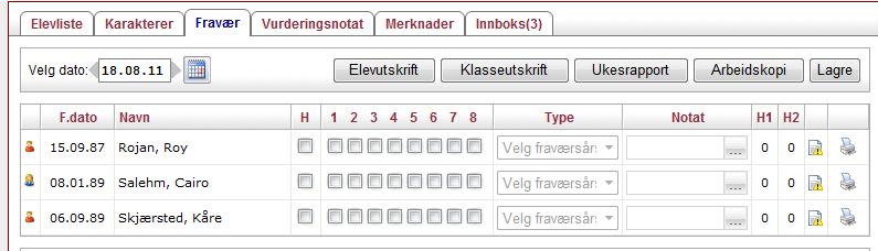 Forhåndsinnstilt dato for heldagsfravær er dagens dato, men du kan velge annen ønsket dato i datofeltet øverst på siden. Velges lørdag eller søndag får du melding om dette.