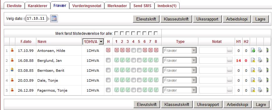 Først velges en Undervisningsgruppe i treet til venstre. Utgangspunktet for fraværsregistrering er at det registreres tilstedeværelse for alle elever i gruppen.