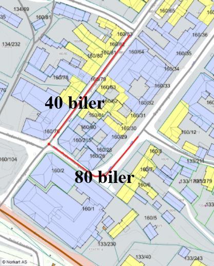 4 Tiltak 4.1 Stenging av gater i sentrum Det er foreslått stenging for biltrafikk i gatene Stengelveta og Kjerkgata som vist med rødt i figur 7. Disse gatene har i dag en beregnet ÅDT på 1.
